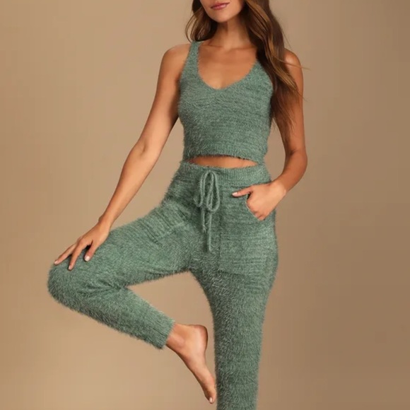 Lulu’s Road To Cozy Sage Green Fuzzy Cropped Tank Top - Picture 2 of 4